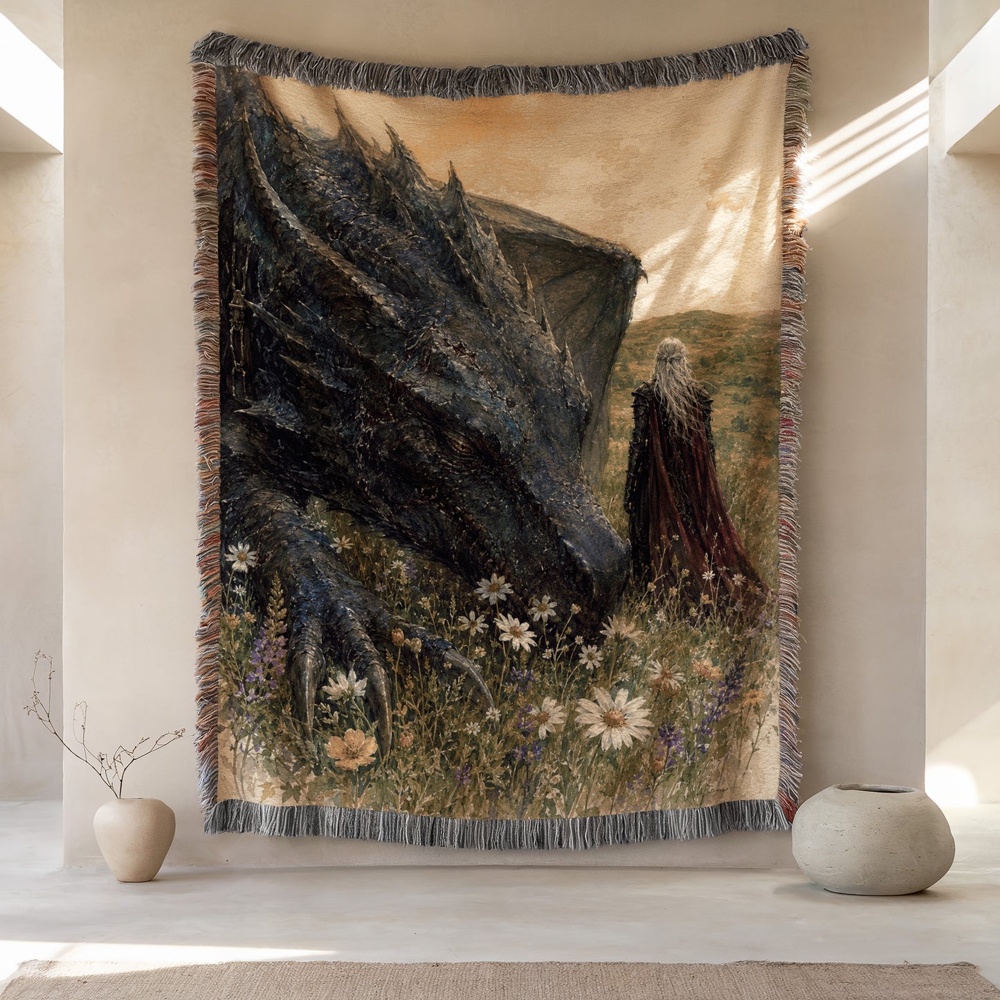 a large tapestry hanging on a wall, depicting a dragon and a person in a field with flowers.