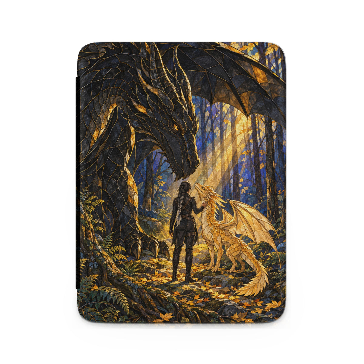 A person stands between a large black dragon and a small golden dragon in a sunlit forest.