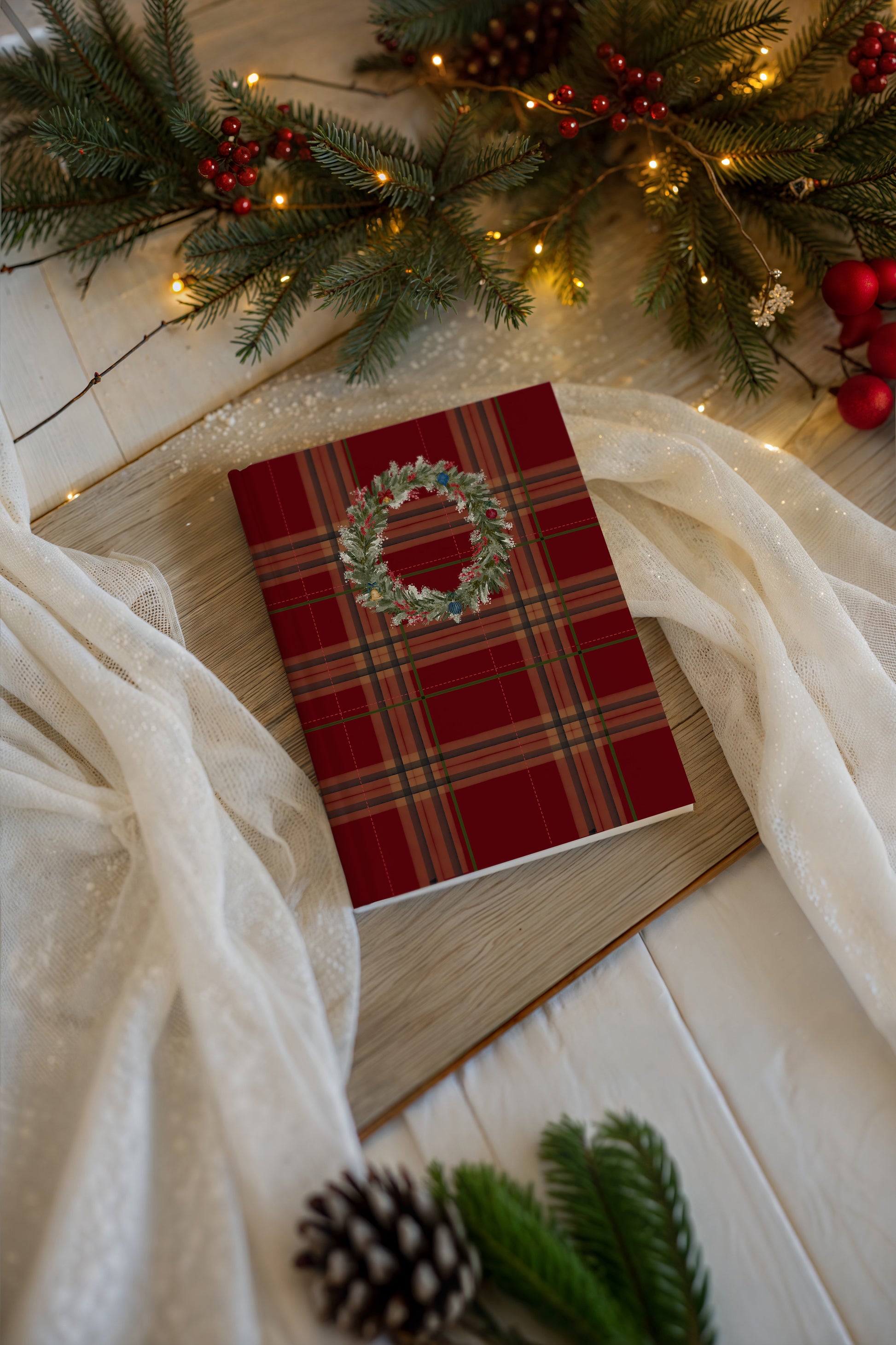 Festive Red Plaid Journal with Wreath for Christmas Holidays