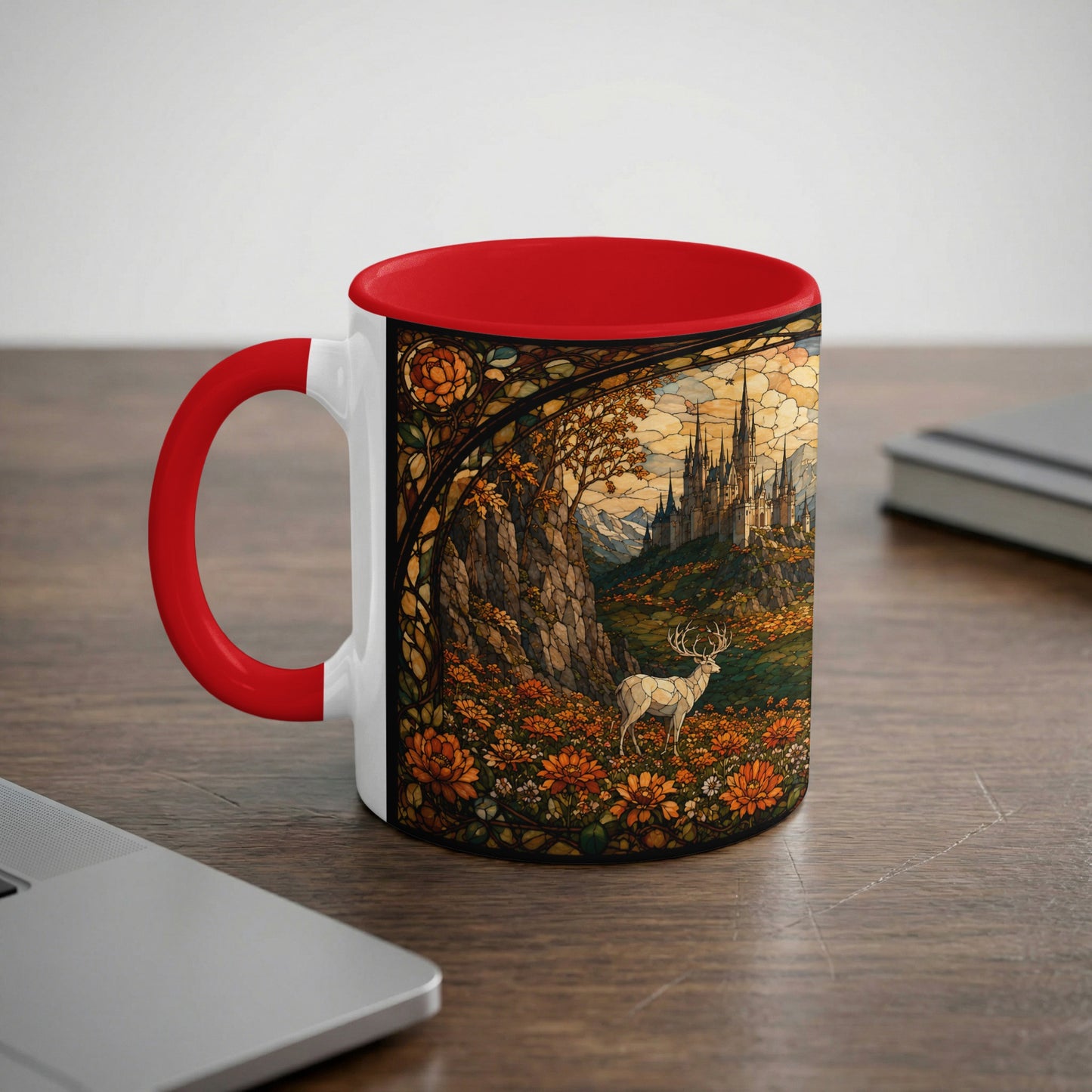 White mug with red handle and interior, featuring stained glass art of a castle and deer.
