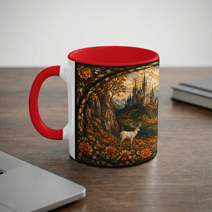 White mug with red handle and interior, featuring stained glass art of a castle and deer.