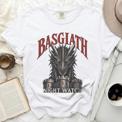 White t-shirt with "BASGIATH NIGHT WATCH" text and a dragon over castles graphic.