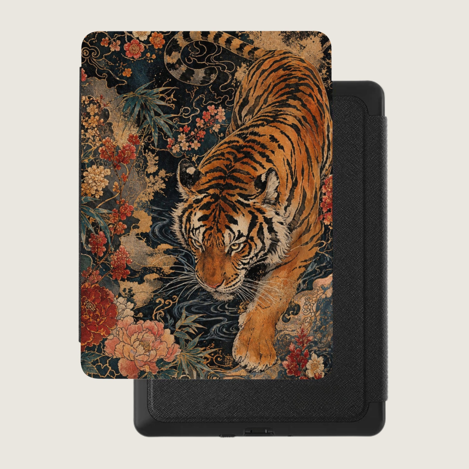 Tiger with flowers and waves on a black background, resting on a black device.