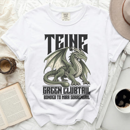 White t-shirt with "TEINE GREEN CLUBTAIL BONDED TO MIRA SORRENGAIL" text and green dragon design.