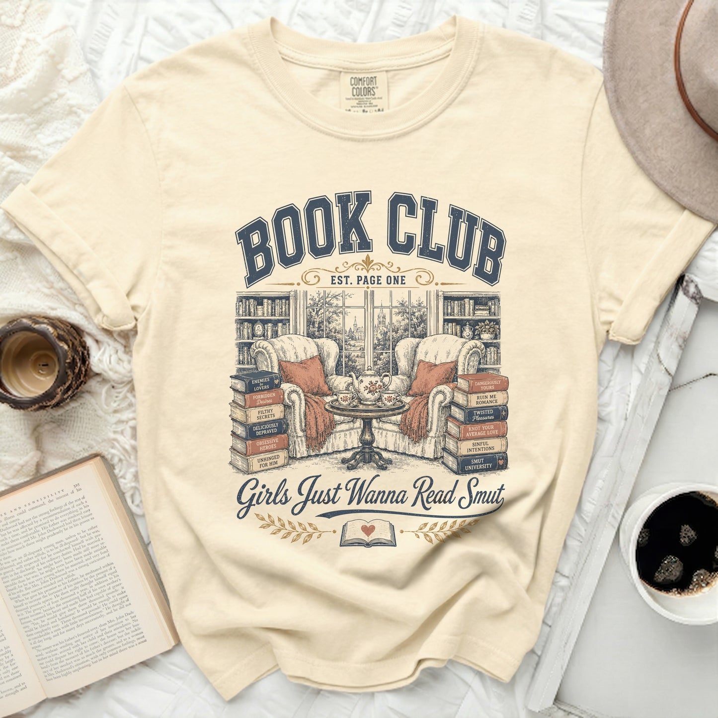 "Book Club" graphic tee with chairs, books, and text "Girls Just Wanna Read Smut".