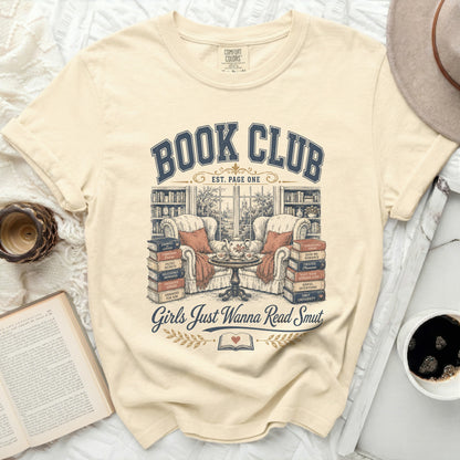 "Book Club" graphic tee with chairs, books, and text "Girls Just Wanna Read Smut".
