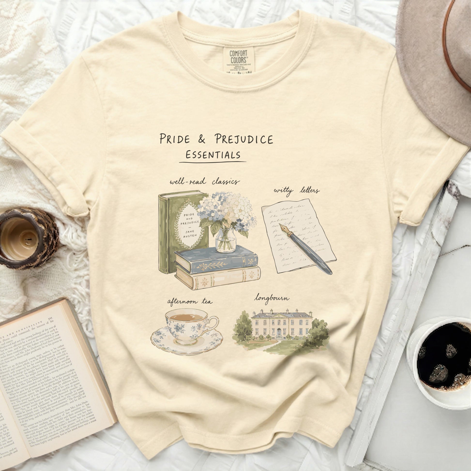 Pride and Prejudice essentials featuring books, tea, letters, and Longbourn house.