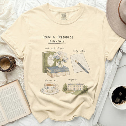 Pride and Prejudice essentials featuring books, tea, letters, and Longbourn house.