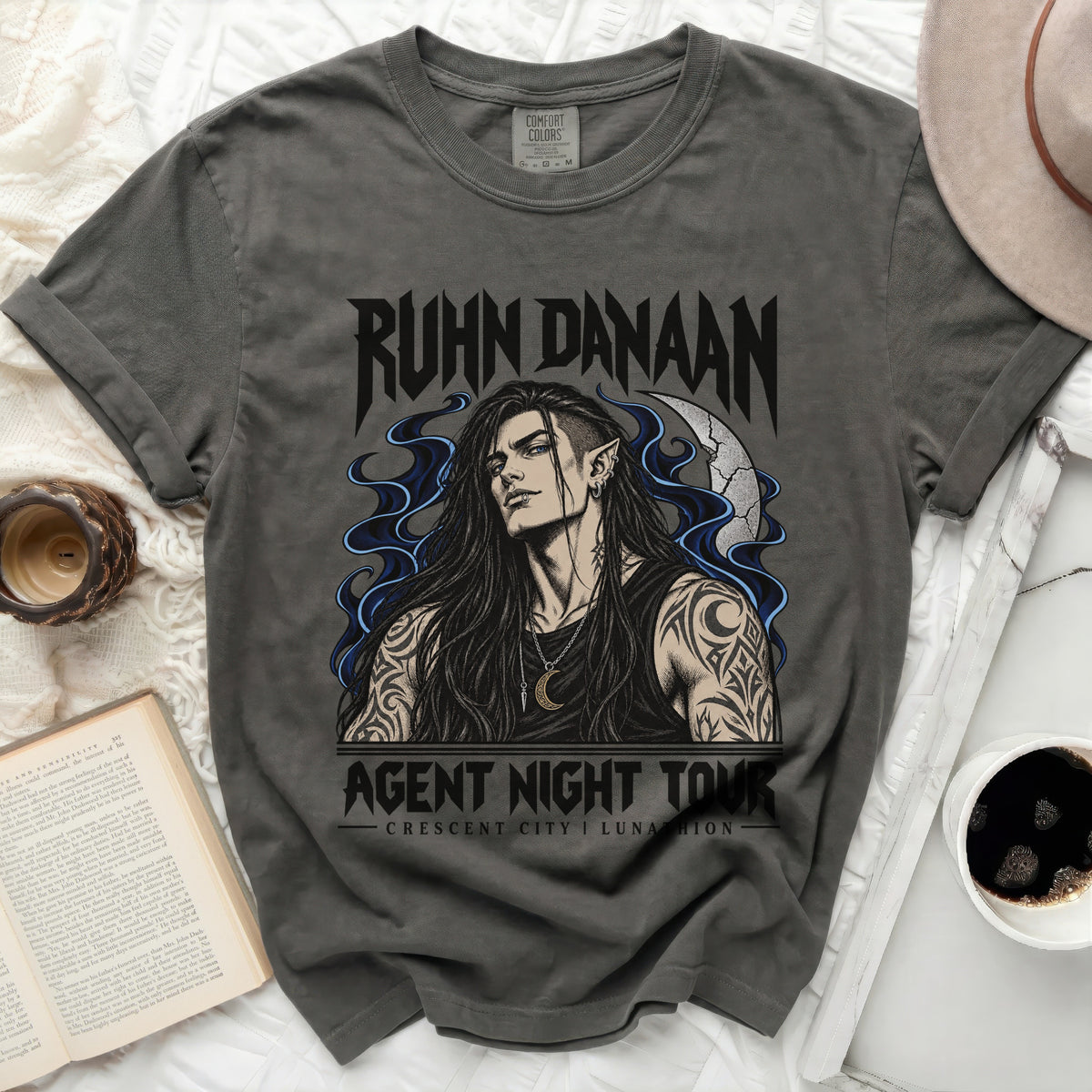Ruhn Danaan Agent Night Tour graphic tee with elf portrait.
