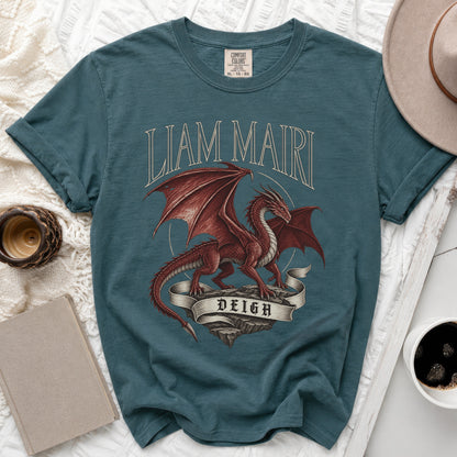 Teal t-shirt with a red dragon and "LIAM MAIRI DEIGH" text.