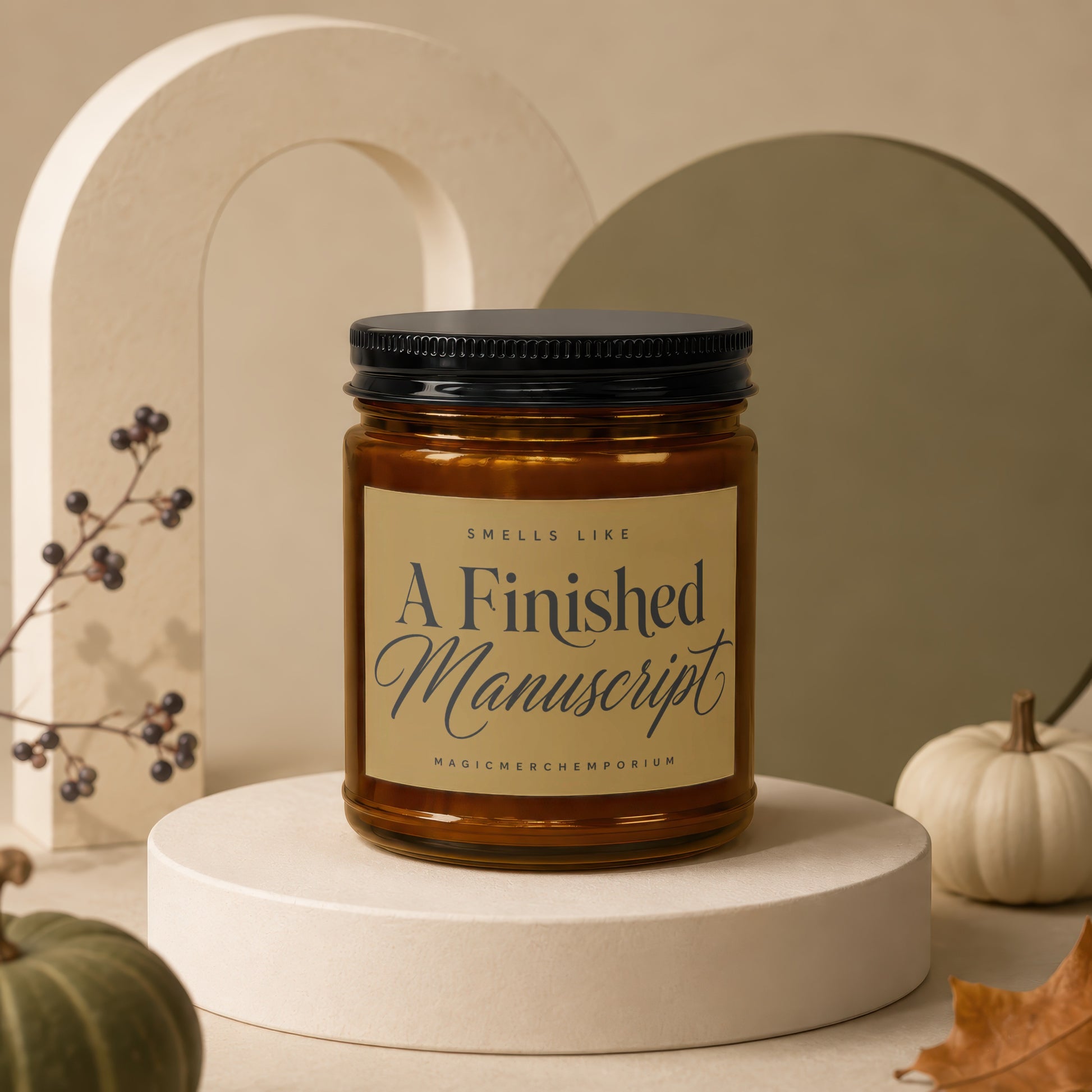 Amber candle jar labeled "A Finished Manuscript" from MAGICMERCH...