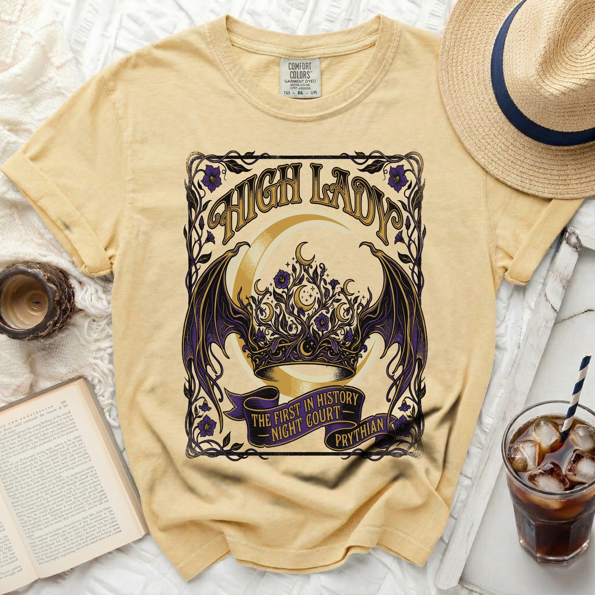 Yellow t-shirt with "HIGH LADY THE FIRST IN HISTORY NIGHT COURT PRYTHIAN" design.