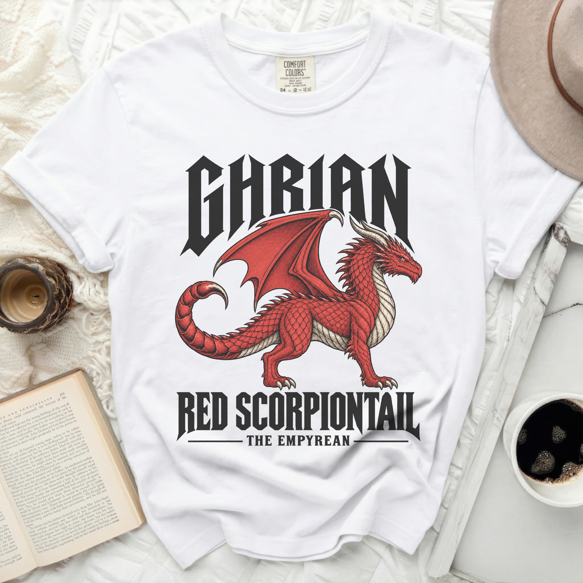 White t-shirt with a red dragon design and text "GHARIAN RED SCORPIONTAIL THE EMPYREAN".