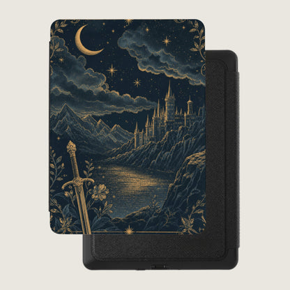 Fantasy scene with castle, moon, and sword on a dark blue background.