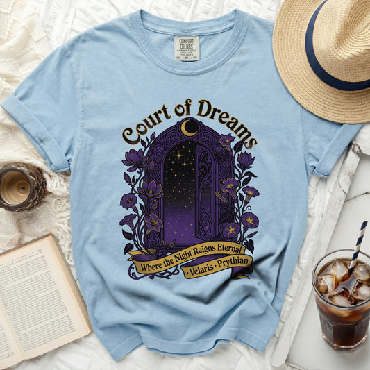 Light blue t-shirt with "Court of Dreams" and a starry arched doorway design.