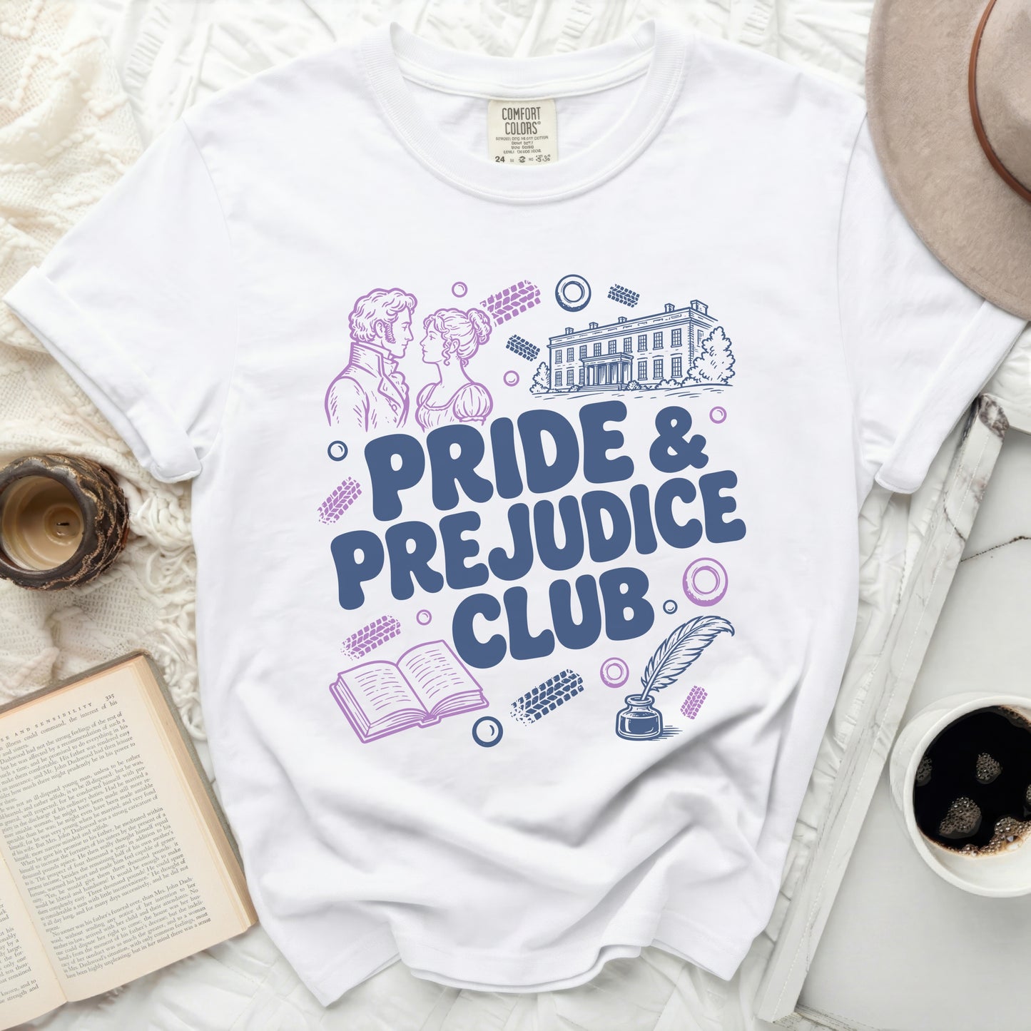 White t-shirt with "Pride & Prejudice Club" graphic and classic illustrations.