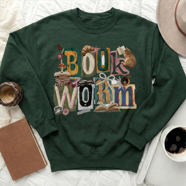 Book Worm Collage Sweatshirt in Forest Green