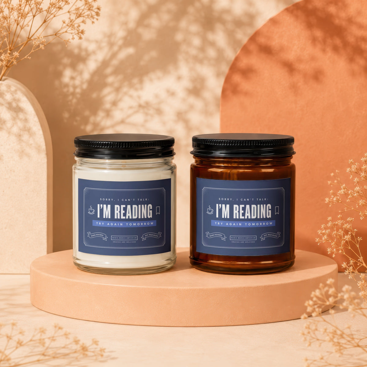 Two candles, one clear and one amber, with "I'm Reading" labels.