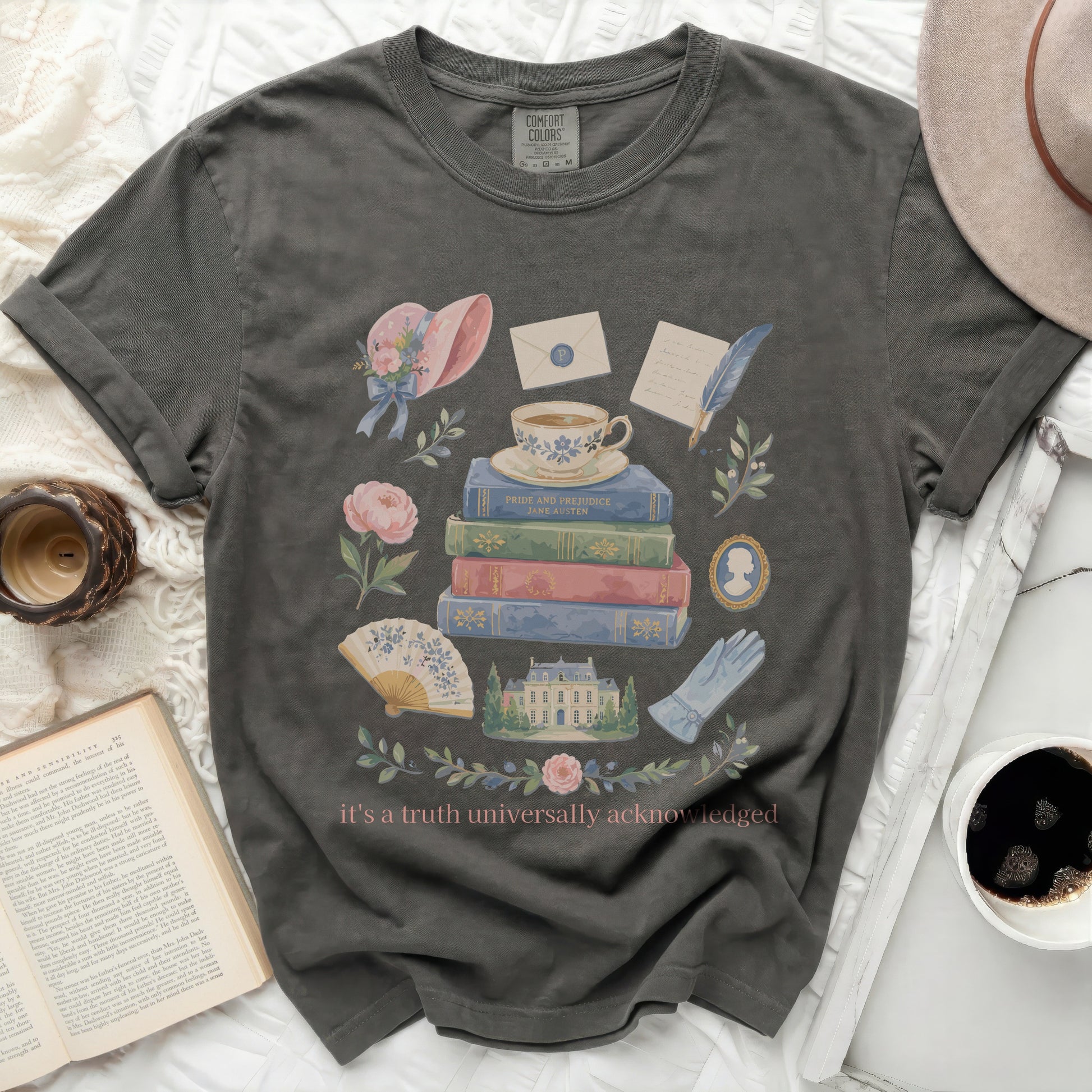 Pride and Prejudice Jane Austen graphic tee with floral and literary elements.