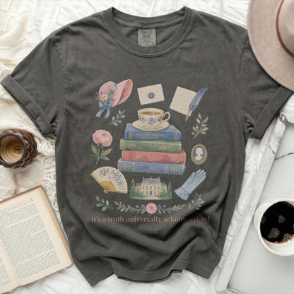 Pride and Prejudice Jane Austen graphic tee with floral and literary elements.