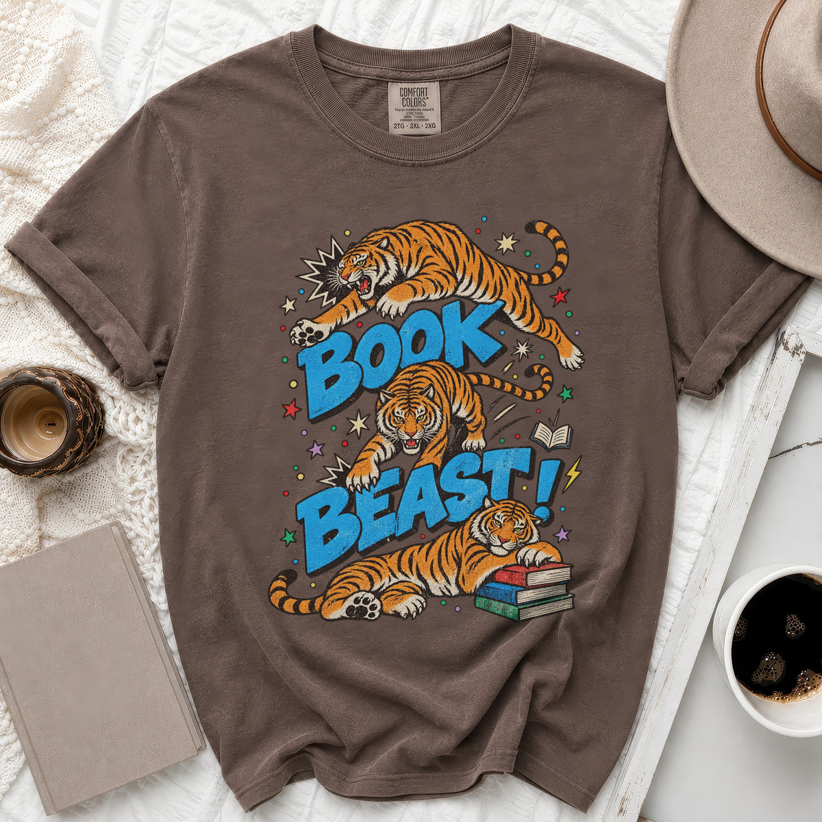 Brown t-shirt with graphic of three tigers and the words "BOOK BEAST!"