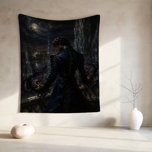 Tapestry art of dark-haired man with arcane energy against a gothic city night