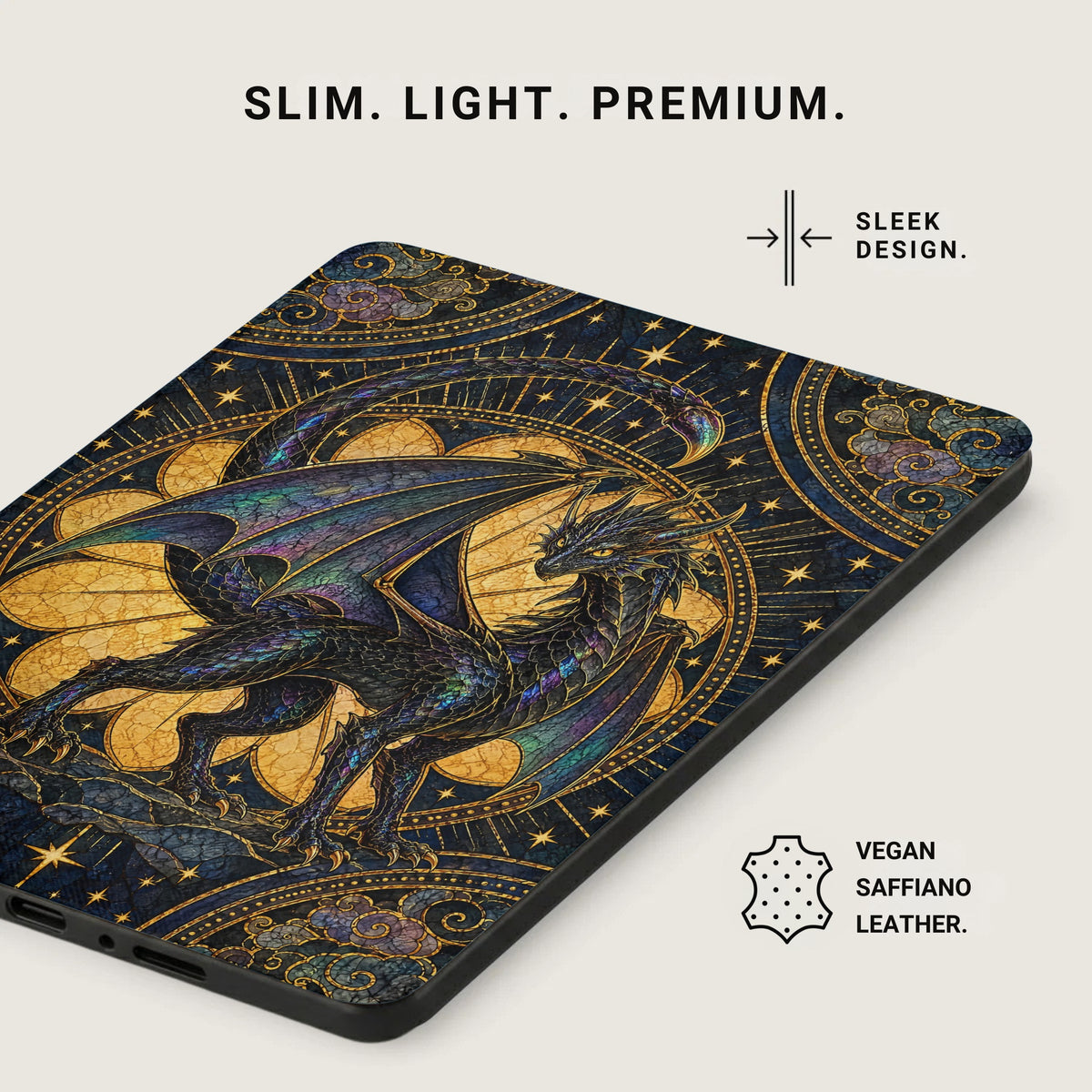 E-reader case featuring an ornate dragon design with celestial patterns and text highlights.