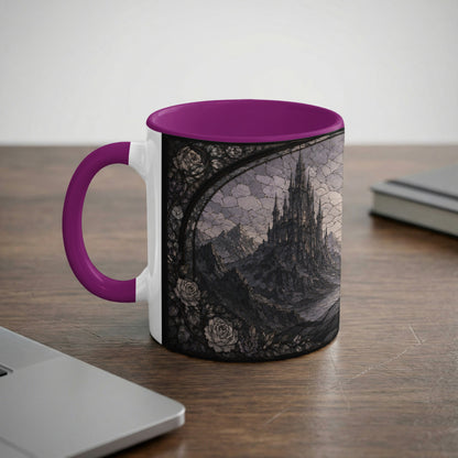 White mug with purple handle featuring gothic castle artwork and floral accents.