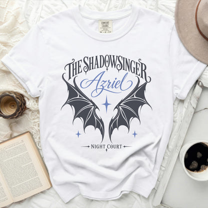 White t-shirt with "The Shadowsinger Azriel Night Court" text and bat wings.