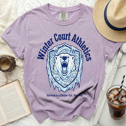 Purple t-shirt with a distressed graphic of a polar bear and text "Winter Court Athletics".