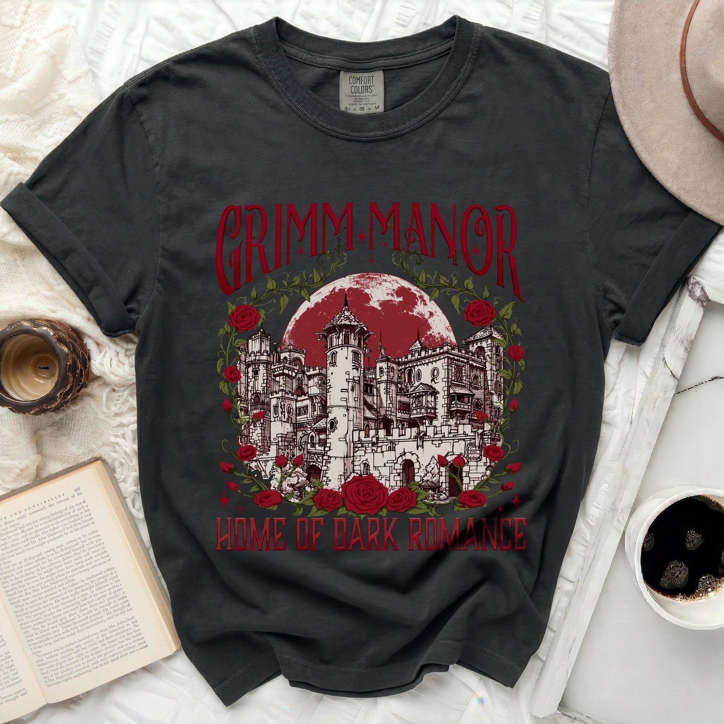 Dark t-shirt with Grimm Manor and roses graphic, "Home of Dark Romance".