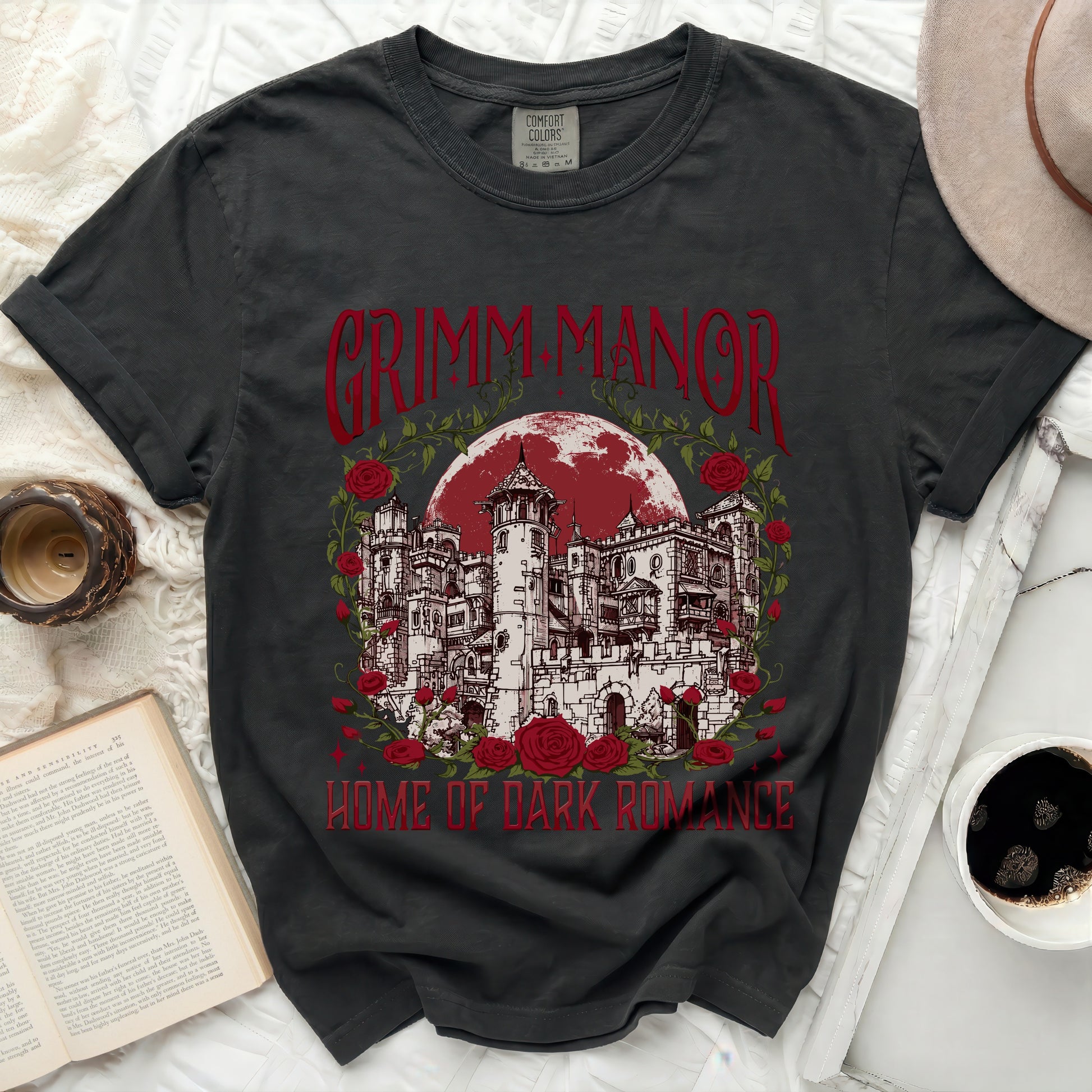Dark t-shirt with Grimm Manor and roses graphic, "Home of Dark Romance".