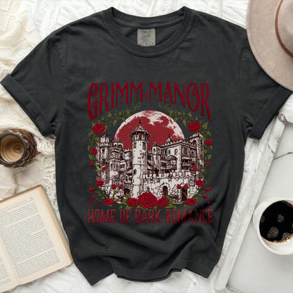 Dark t-shirt with Grimm Manor and roses graphic, "Home of Dark Romance".