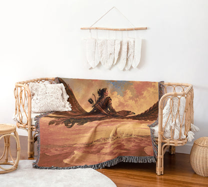 a cozy living room with a woven bench, a woven side table, and a woven basket. The bench is adorned with a woven blanket that depicts a person riding a dragon. The blanket is hanging on the wall, adding a unique and artistic touch to the room.