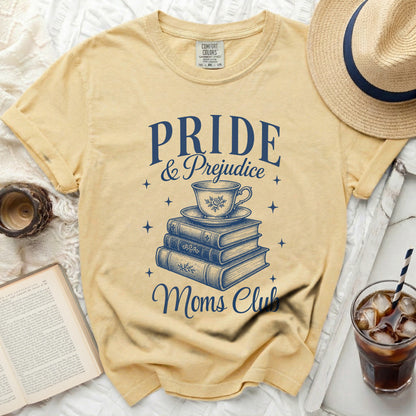 Yellow t-shirt with "Pride & Prejudice Moms Club" graphic.