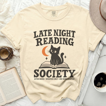 Cream t-shirt with "Late Night Reading Society" and a cat on a book.