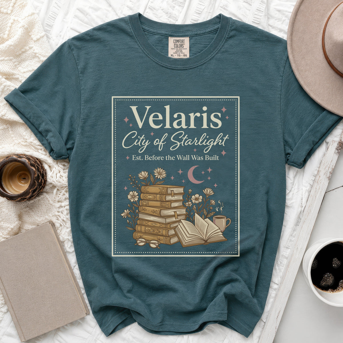 Teal t-shirt with "Velaris City of Starlight Est. Before the Wall Was Built" graphic.