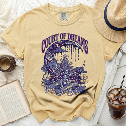 Yellow t-shirt with "Court of Dreams City of Starlight Tour" graphic.