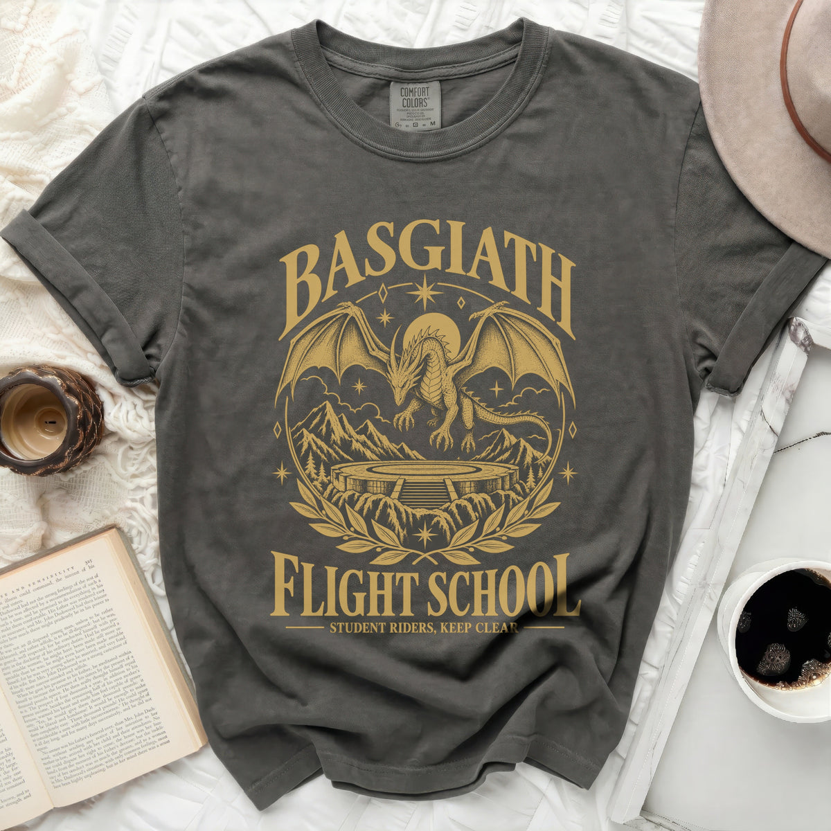 Dark grey t-shirt with a gold dragon and "Basgiath Flight School" graphic.