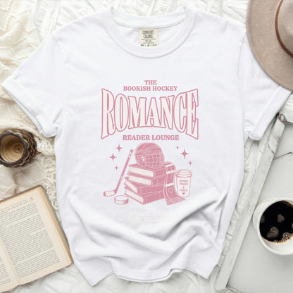 White t-shirt with "The Bookish Hockey Romance Reader Lounge" graphic.