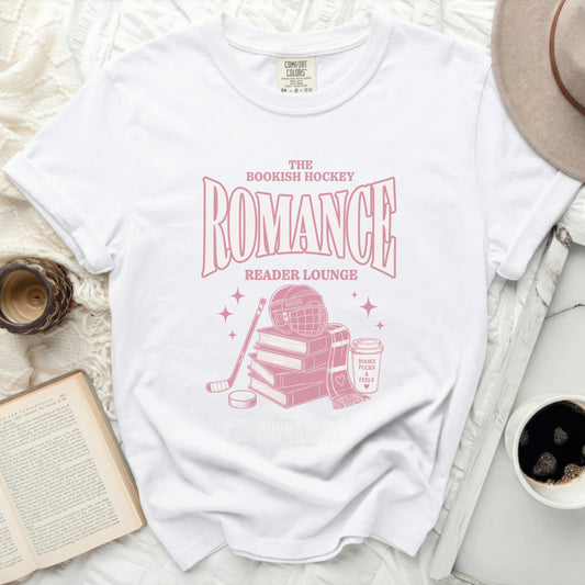 White t-shirt with "The Bookish Hockey Romance Reader Lounge" graphic.