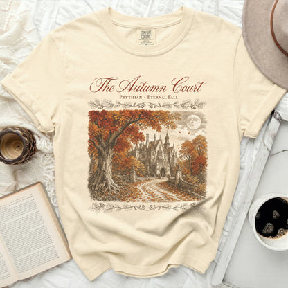The Autumn Court t-shirt features an illustration of a gothic manor in fall foliage.