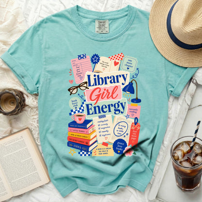 Comfort Colors Library Girl Energy graphic t-shirt with books and reading motifs.