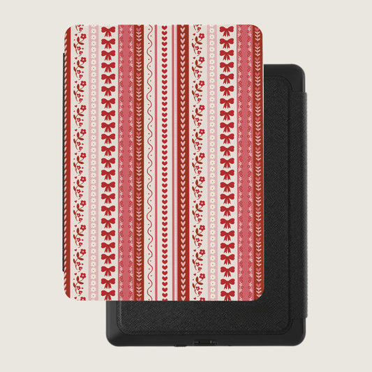 Festive Red and White Striped Floral Design Kindle Cover