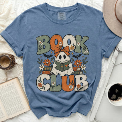 Blue shirt with "Book Club" graphic featuring a ghost reading.