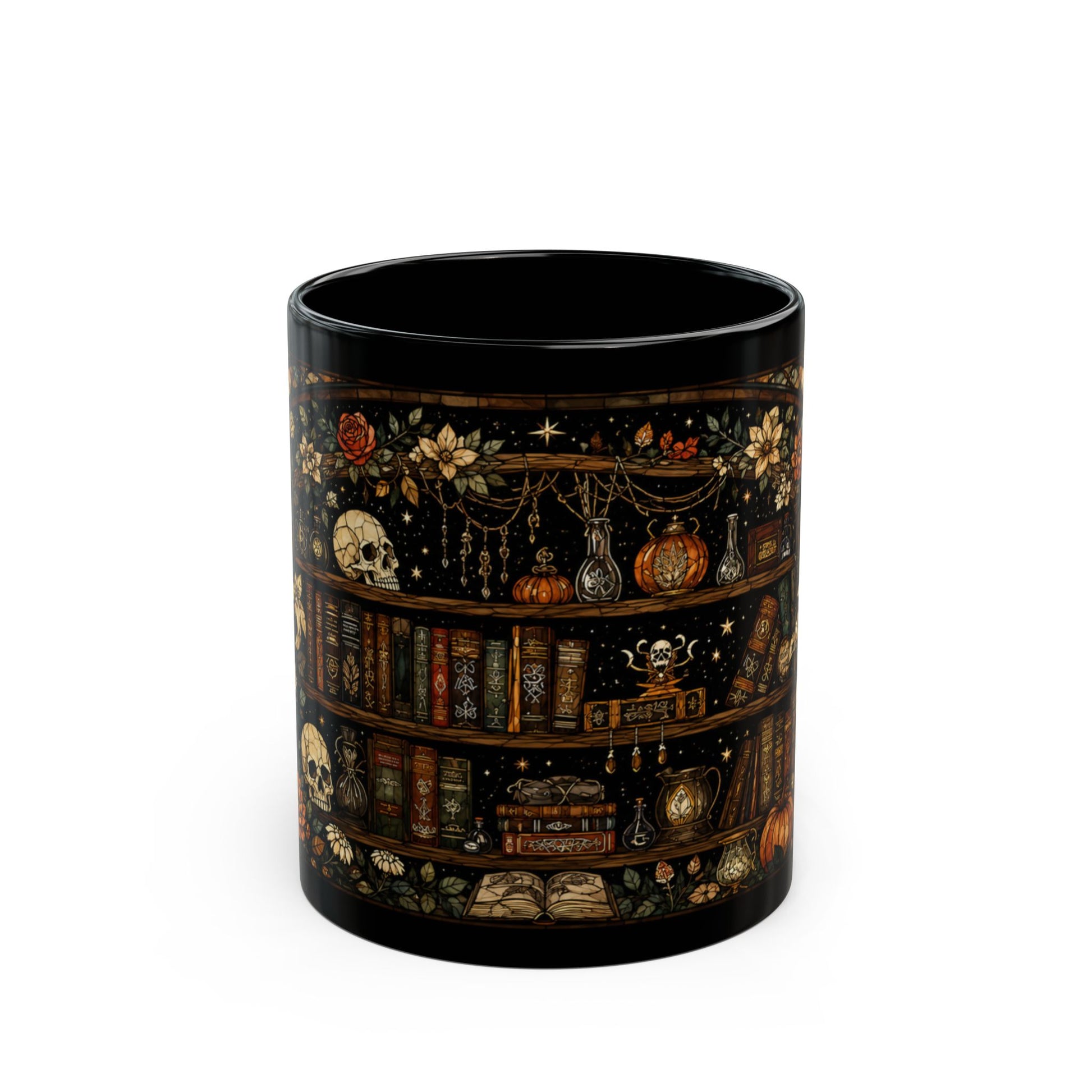 Black mug with a spooky bookshelf design featuring skulls, pumpkins, and books.