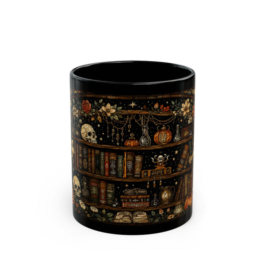 Black mug with a spooky bookshelf design featuring skulls, pumpkins, and books.