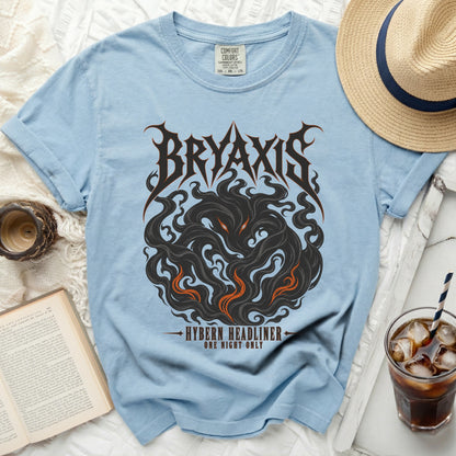 Light blue t-shirt with black and orange Bryaxis Hybern Headliner graphic.