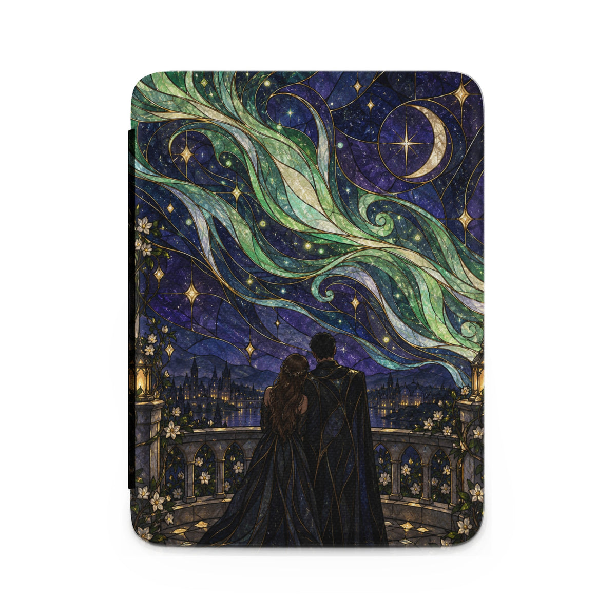 Couple on balcony looking at starry sky with aurora and moon above city.