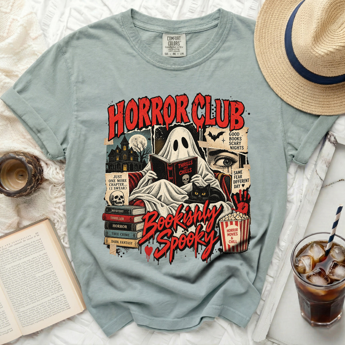 T-shirt with "Horror Club Bookishly Spooky" graphic featuring a ghost reading